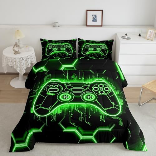 Feelyou Kids Green Gamer Comforter Set Toddler Size, Honeycomb Gaming Bedding Set Boys Girls Modern Game Console Comforter Gamepad Teens Duvet Set Bedroom Decor Bed Set 2Pcs - Image 2