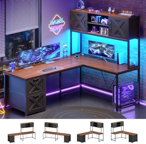 SEDETA Farmhouse Reversible L Shaped Coner Gaming Desk with Drawers, Hutch by SEDETA