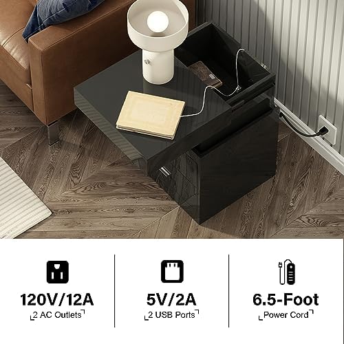 ChooChoo LED Nightstand Set of 2,Smart Night Standwith Charging Station and Sliding Top Storage, Black - Image 5
