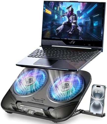 Upgraded Laptop Cooling Pad with Dual TEC Coolers & 2 Quiet Fans-RGB Laptop Cooler for 12-21in Laptops, Gaming Laptop Fan Cooling Pad Stand with Phone Holder, 100-Speed & 5-Height Adjustable, USB Port by FocusOnPhoneAccessoryBrand