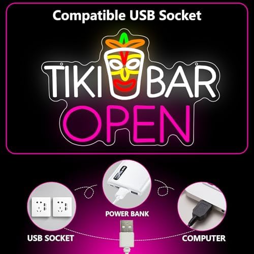 Tiki Bar Neon Sign, Tiki Bar Led Light Signs for Wall Decor Open Hawaii Tropical Luau Party Decorations for Pub Bistro Night Club Home Man Cave Dimmable USB Powered Pink(16.9"*11.4") - Image 5
