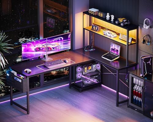 ODK 61" L Shaped Gaming Computer Desk with Shelves, LED & Outlets, Black - Image 2