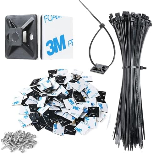 200pcs 3/4" Back-Glue Self Adhesive Black Strong Cable Zip Tie Mounts with 8" Ties, Screws, UV Protection Outdoor Sticky Wire Fasteners Cable Clips Management Anchors Organizer Holders Squares by XHF
