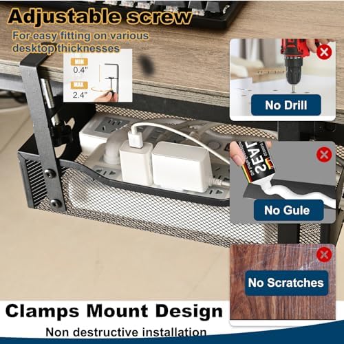 Large Under Desk Cable Management Tray - Heavy Duty Metal Cord Organizer with No Drill Installation for Office & Home Office Desks to Hide Wires & Power Strips (Black, XL) - Image 5