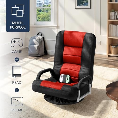 Best Choice Products Swivel Gaming Chair 360 Degree Multipurpose Floor Chair Rocker for TV, Reading, Playing Video Games w/Lumbar Support, Armrest Handles, Adjustable Foldable Backrest - Black/Red - Image 4