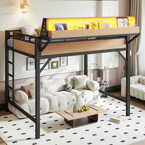 KEIKI Full Size Loft Bed Frame with Storage Shelves & Pegboard, Heavy Duty Metal Loft Bed with USB Ports and LED Lights for Teens Adults Guest Rooms Apartments Study Spaces & Modern Bedrooms - Image 4