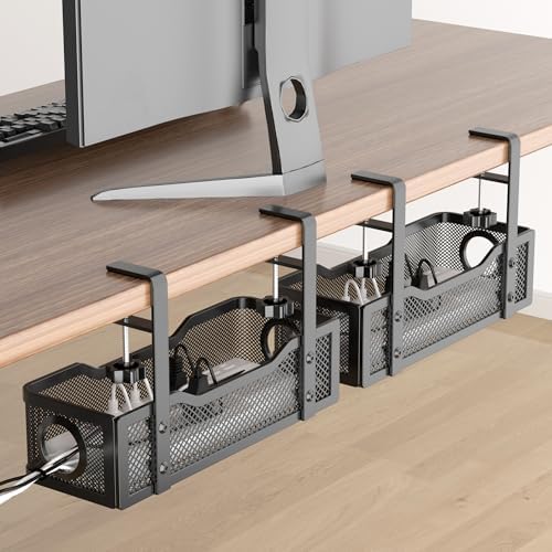 2 Pack Under Desk Cable Management Box Black, Cinati 26.8" Wire Organizers No Drill, Cord Organization Tray with Clamp for Office, Home - No Damage to Desk by Cinati