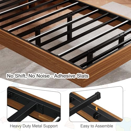Einhomn Twin Bed Frame with Storage Headboard & LED Lights – Wood Floating Bed Frame with Charging Station, Non-Slip Slat, Kick-Free & Noise-Free Design, Easy Assembly, Walnut - Image 6