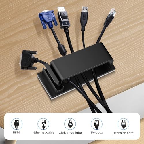 Adhesive Cable Management Clip (20Pcs Black),Cord Management Under Desk,Wire Organizer for TV PC Ethernet HDMI Extension Cord Power Plug - Image 4