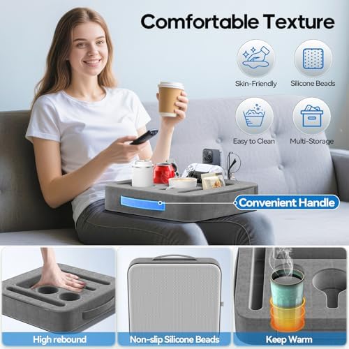 Couch Cup Holder Tray, Couch Caddy for Drink, Snack, Phone, Remote, Ipad, Game Controller, Large-size Sofa Cup Holder for Bed, Sofa, Car, Desk, Deep Gray - Image 5