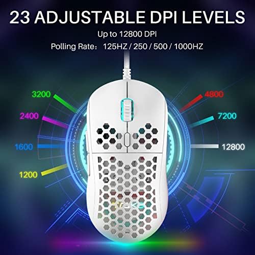 DIERYA M1SE Wired Gaming Mouse with Honeycomb Shell, 12800DPI Optical Sensor, 6 Programmable Macros, Software Support for Custom Key Config, and RGB Settings for Windows 7/8/10/XP, Vista, Linux-White - Image 2