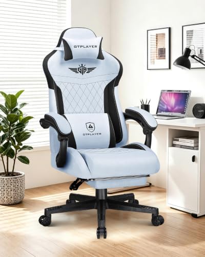 GTPLAYER Gaming Chair with Footrest, Big and Tall Game Chair High Back Computer Office Chair with Lumbar Support for Adults, Ergonomic Swivel Games Chair with Cushion Gaming, Fabric Light Blue by GTPLAYER