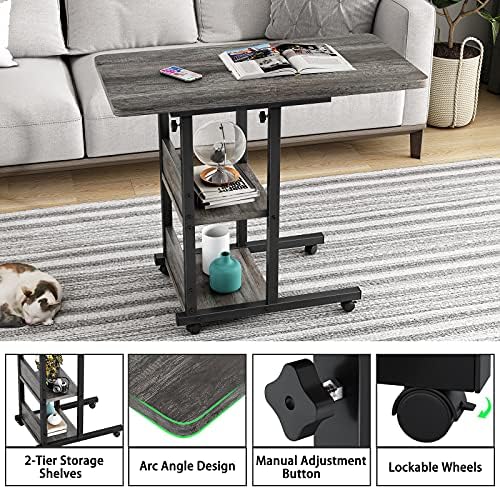 Armocity Height Adjustable Side Table, 32 Inch C Shaped End Table with Storage, Portable Mobile Rolling Sofa Side Table with Wheels for Living Room Bedroom, Grey - Image 4