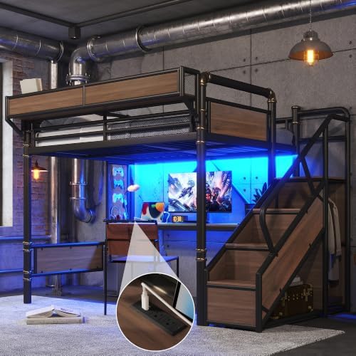 KEIKI Full Size Metal Loft Bed Frame with Storage Staircase, Desk, Black - Image 3