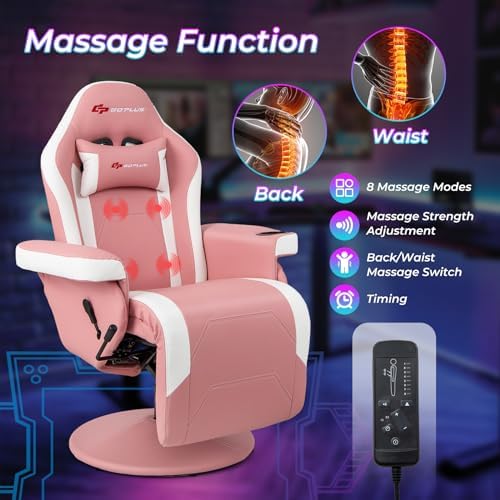 Goplus Pink Gaming Chair, Height Adjustable Massage Video Game Chair with Retractable Footrest, Cup Holder, Headrest, Swivel Office Chair, Racing Style Swivel Gamer Chair - Image 4