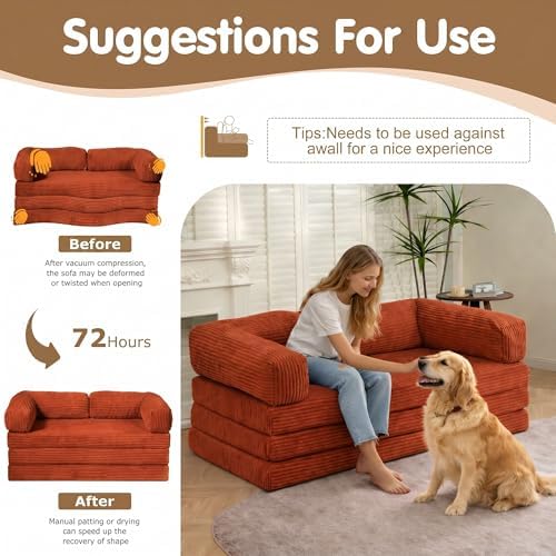 Convertible Sofa Bed Queen,5-in-1 Boneless Couch with Removable Armrests & Handle,Corduroy Futon Sleeper Sofa,Floor Folding Mattress Pull Out Bed for Small Space Apartment Living Room Bedroom,Orange - Image 7