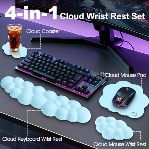 Cloud Wrist Rest Keyboard Cushion and Cloud Mouse Pad, Blue | 4-in-1 Ergonomic Cloud Keyboard Wrist Rest Set, Memory Foam, Arm Support for Palm, Cute Desk Accessory for PC Gaming Setup - Image 2