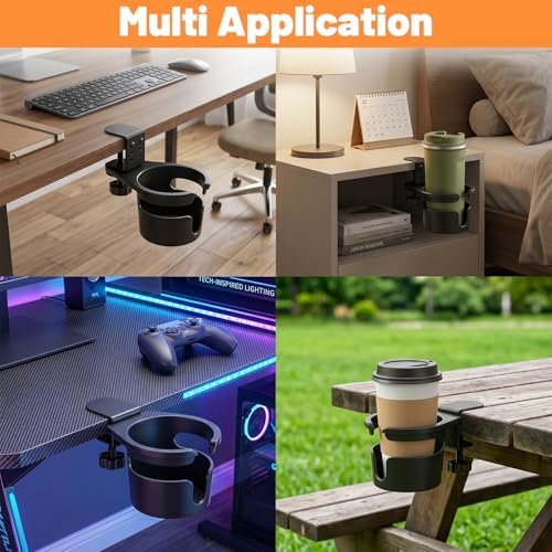 2 Pack Desk Cup Holder Clamp, 360° Rotating Anti-Spill Clip on Cup Holder for Desk, Adjustable Metal & ABS Drink Holders for Coffee Mugs, Water Bottles, Gaming Accessories - Image 7