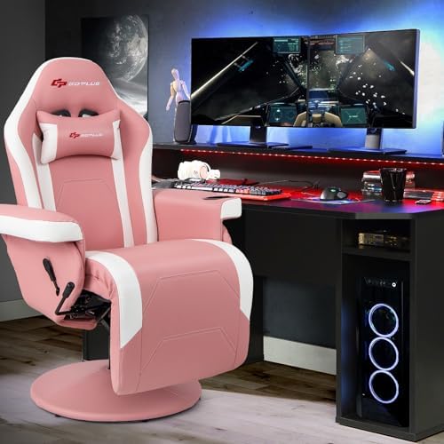 Goplus Pink Gaming Chair, Height Adjustable Massage Video Game Chair with Retractable Footrest, Cup Holder, Headrest, Swivel Office Chair, Racing Style Swivel Gamer Chair - Image 2