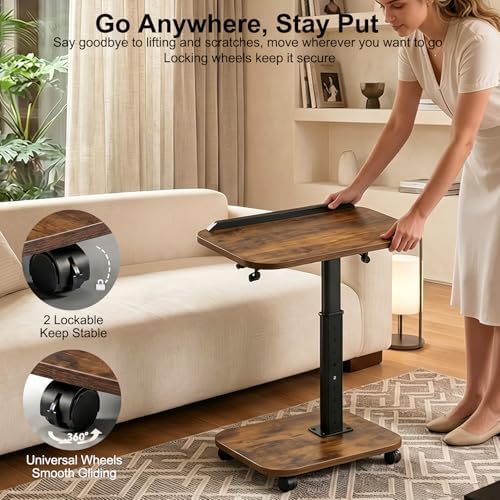 C Table End Table Adjustable Height, Rolling TV Tray Table for Small Spaces 180° Flip-Over Panel & 360° Swivel Casters,C Shaped Side Tables for Couch/Living Room/Bedroom/Bed/Sofa/Chair/Snack, Walnut - Image 3