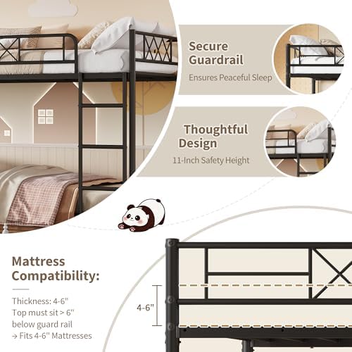 Garvee Bunk Bed Twin Over Twin for Adults & Teens, Heavy Duty 2-Tier Bed with Stairs, Full-Length Guardrail & Metal Slats, No Box Spring Required, Space Saving, Matte Black - Image 4