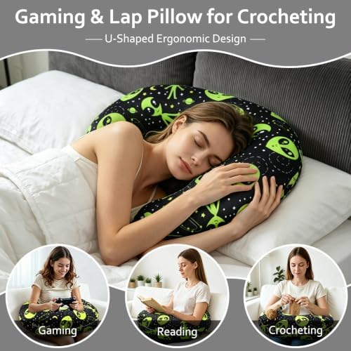 Ergonomic U-Shaped Gaming & Lap Pillow for Crocheting - Cute Alien Crochet Pillow with Elbow & Arm Support, Lap Desk Pillows for Reading, Playing or Crocheting, Suitable for Adults - Image 5