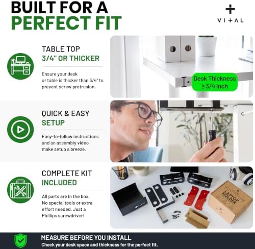 VI+AL Under Desk Laptop Mount - Hidden Metal Shelf with Side Storage, Hook & Cable Organizer - Installs with Tape & Screws - Fits Devices up to 1.7" Thick - Deluxe - Image 5