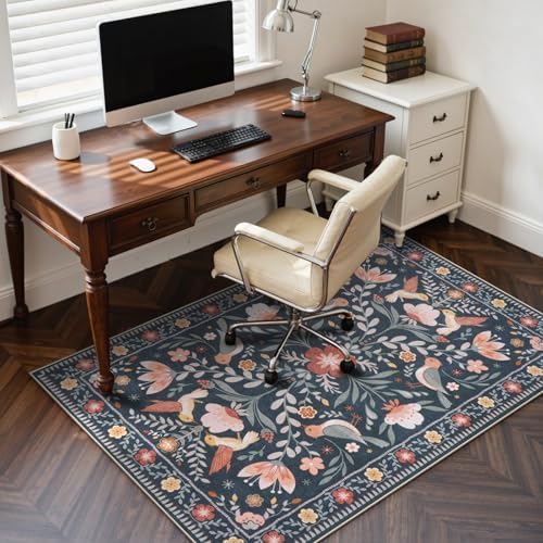 Anidaroel 48"x60" Office Chair Mat for Hardwood Floor/Tile, Black Floor Mat for Office Chairs, Anti-Slip Floral Under Desk Rug for Rolling Chairs, Bird Bug Low Pile Desk Chair Mats for Hardwood by Anidaroel