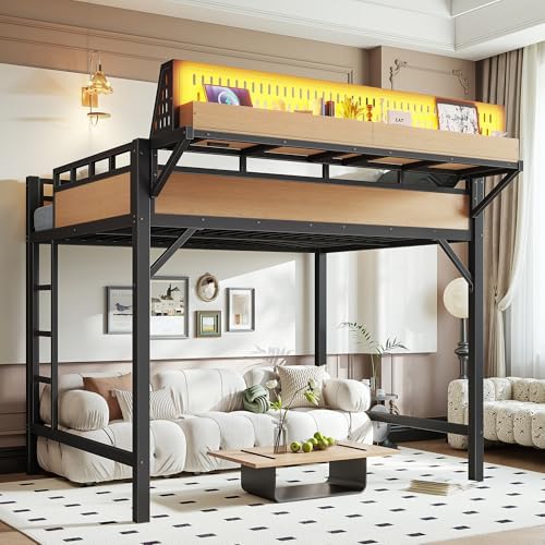 KEIKI Full Size Loft Bed Frame with Storage Shelves & Pegboard, Heavy Duty Metal Loft Bed with USB Ports and LED Lights for Teens Adults Guest Rooms Apartments Study Spaces & Modern Bedrooms by KEIKI