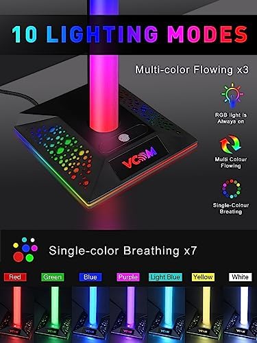 RGB Gaming Headphones Stand with 2 USB Ports Headset Stand with 10 Light Modes and Non-Slip Rubber, Suitable for All Earphone Accessories, Best Gift for Husband, Kids, Boyfriend - Image 2
