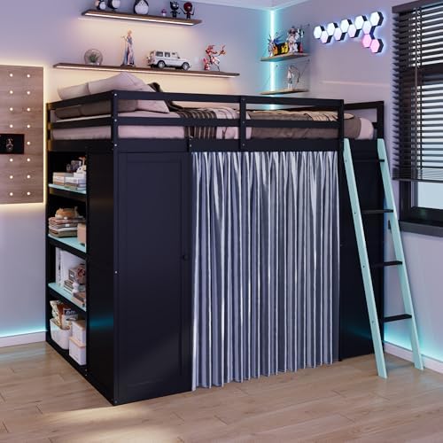 Merax Full Size Loft Bed with Desk and 6 Storage Shelves, Wardrobe, Blackout Curtain, Sturdy Wood Gaming Loft Bunk Bed Frame with USB Port & RGB Lights, No Box Spring Needed, Space-Saving, Black+Blue - Image 4
