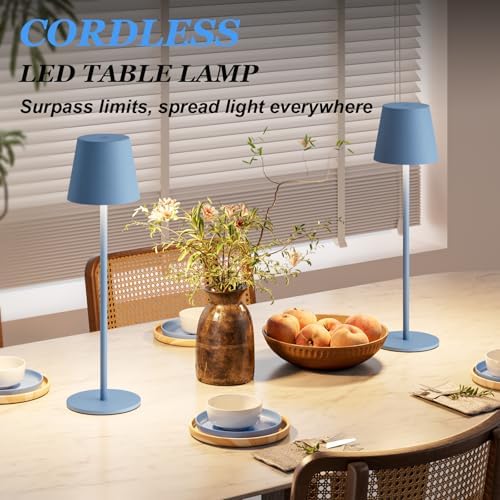 Kakanuo Cordless Table Lamp Rechargeable Blue - KK 2 Pack 5000mAH Battery Operated Lamp for Dining Table, 3 Color Stepless Dimming Wireless Lamp for Counter, Outdoor Patio, Touch Control - Image 6