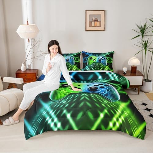 Feelyou Kids Boys Gamer Bedding Set Queen Size Gaming Comforter Set for Boys Girls Teens Blue Green Geometric Gamepad Duvet Quilt - Image 5