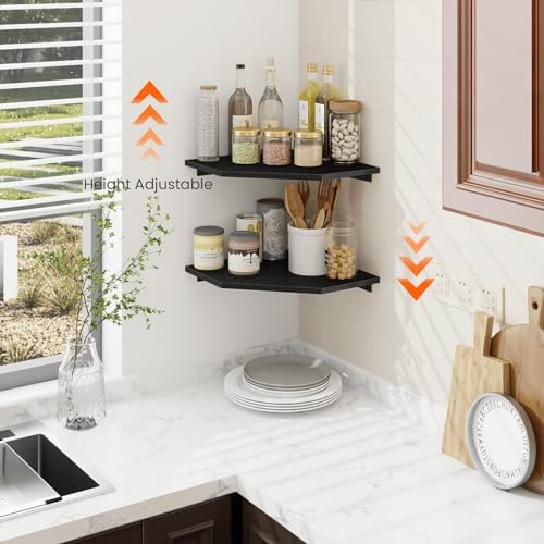 Homode Corner Shelf Wall Mount, Set of 2 Corner Floating Shelves with Wire Hole for TV, Cable Box, Wood Hanging Storage Shelf Organizer for Bathroom Kitchen Living Room Bedroom, Black - Image 6