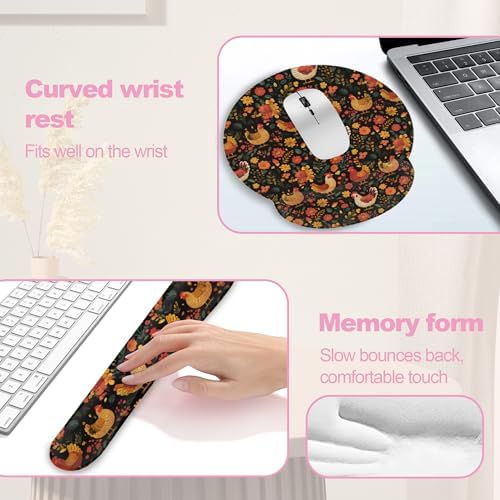 Chicken Rooster Hen Flower Meadow Mouse Pad with Wrist Rest Set,3-in-1 Wrist Support Mousepad Set,Gaming Mat Pad with Anti-Skid Base,Ergonomic Memory Foam Mouse Pad Set for Women,Office,Typing,Gaming - Image 4