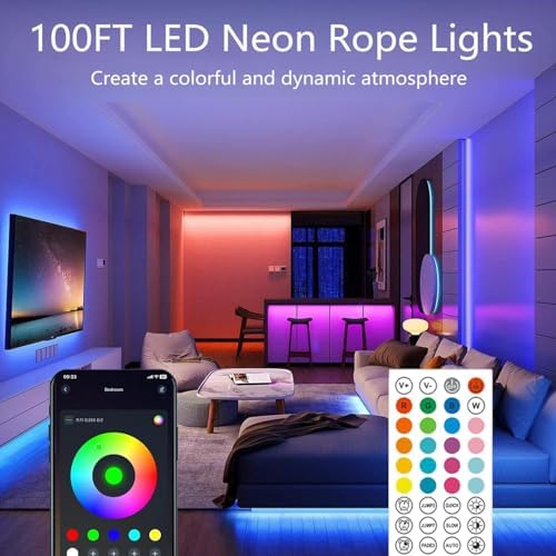 100FT Led Rope Lights,Flexible Neon Light Control with App/Remote,Multiple Modes,IP65 Outdoor Waterproof,Music Sync Strip for Bedroom - Image 2