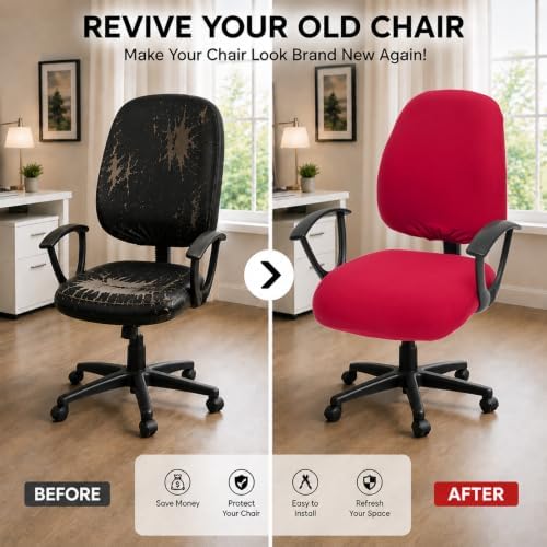 Stretchable Separate Office Chair Seat Covers - Universal Stretch Computer Chair Slipcover - 180GSM Washable Rotating Backrest Coverings & Cushion Protectors for Dogs, Cats, Pets, Red - Image 2