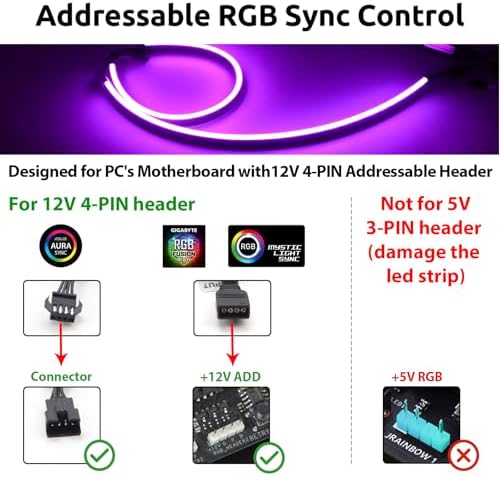 NEON RGB PC LED Strip, RGB Strip for 12V 4-Pin RGB LED Headers, Compatible with Aura SYNC, Gigabyte RGB Fusion, Mystic Light Sync, ASROCK Aura RGB Motherboard, with 12pcs Strong Magnetic Brackets - Image 2