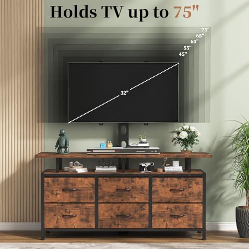 Rustic Brown TV Stand with Mount for 32/45/55/60/65/75 inch TVs, Entertainment Center with 6 Fabric Drawers & Open Shelf, TV Media Console for Living Room, Bedroom - Image 3