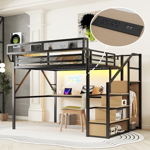 KEIKI Queen Size Metal Loft Bed Frame with Desk, Staircase, Built-in Storage Shelves and Wardrobe, Modern Loft Bed with Solid Slat, Guardrail, No Box Spring Required, Easy Assembly, for Bedroom, Black - Image 5