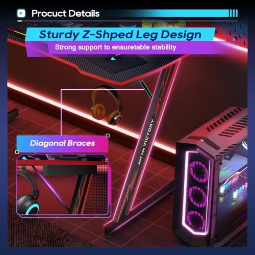 BestOffice 39" Gaming Desk Computer Gaming Desk Z Shaped Gaming Workstation Ergonomic Gaming Table with Headphone Hook for Game Players,Black&Red - Image 7