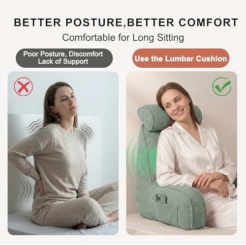 Corduroy Reading Pillow for Sitting Up, Bed Rest Pillow with Arms, Detachable Headrest, Side Pockets & Washable Cover, Back Support for Sofa Couch Relaxing, Grey Green - Image 5
