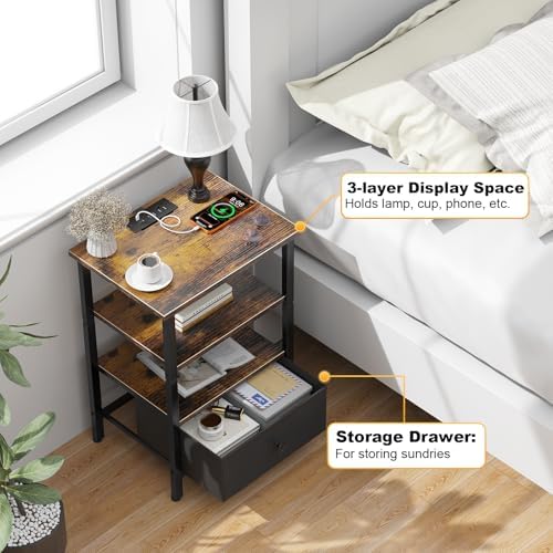 Side Table with Charging Station, Nightstand with Adjustable Fabric Drawer, Bedside Table for Bedrooms, Living Rooms & Home Decor (Brown Black) - Image 6