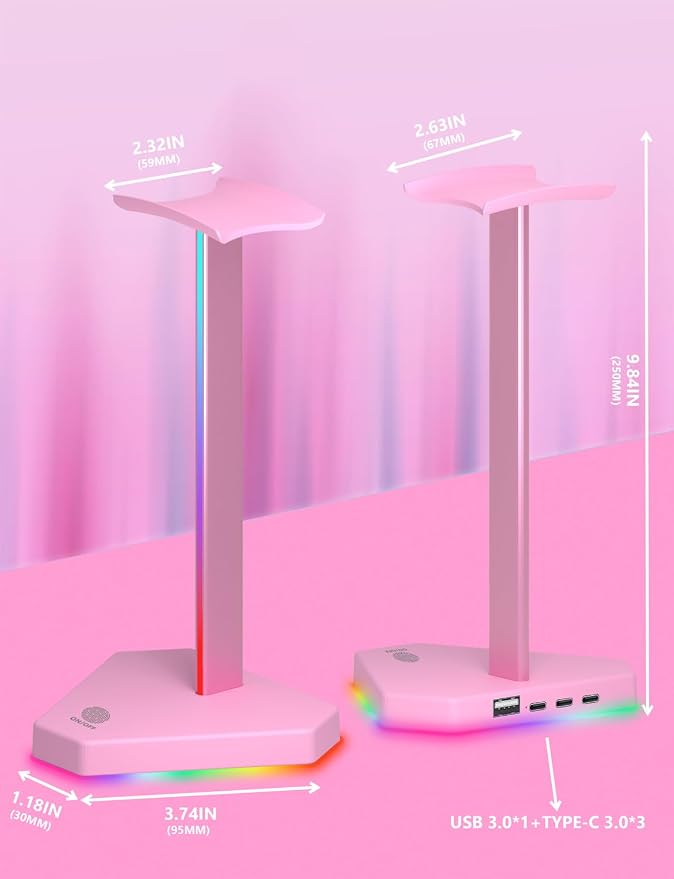 RGB Headphones Stand with 1 USB-C Data Transmission& 3 Type-C Charging Port, Desk Gaming Headset Holder with 7 Light Modes and Non-Slip Rubber Base (Pink) - Image 6