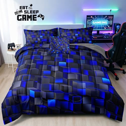 6 Pieces 3D Block Bedding Set Queen Size Blue Gaming Block for Boys Comforter Set Bed in A Bag Perfect for Boys Girls Kids Teens Bedroom Decorative Queen13 - Image 2