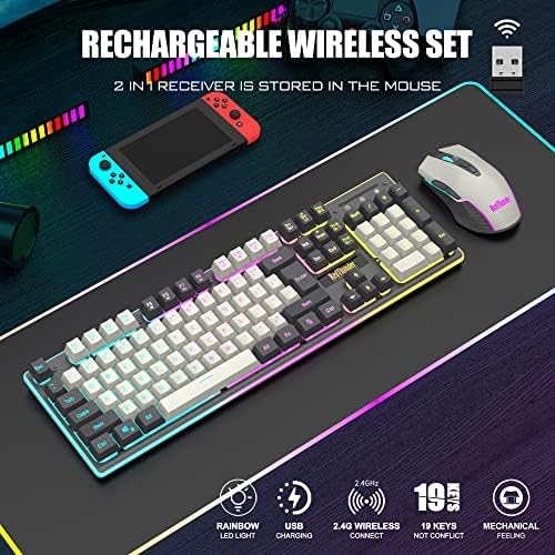 RedThunder K10 Pro Wireless Gaming Keyboard and Mouse Combo, RGB Backlit Rechargeable 3800mAh Battery, Mechanical Feel Anti-ghosting Keyboard + 7D 3200DPI Mice for PC Gamer(White Gray) - Image 2