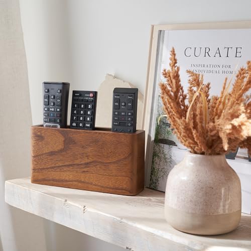 Wooden Remote Control Holder - Adhesive Wall Mount Caddy for 3-4 Remotes by KIBAGA