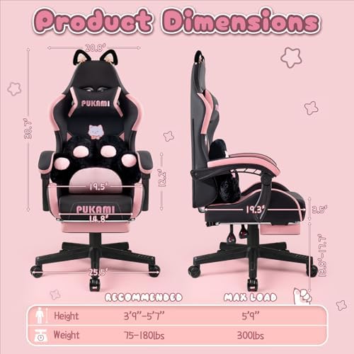 PUKAMI Pink Gaming Chair with Cute Cat Ears | Computer Chair for Girl with Footrest,Ergonomic Gamer Chair for Adult, Kawaii Gaming Chair, Game Chair (Light Black) - Image 2