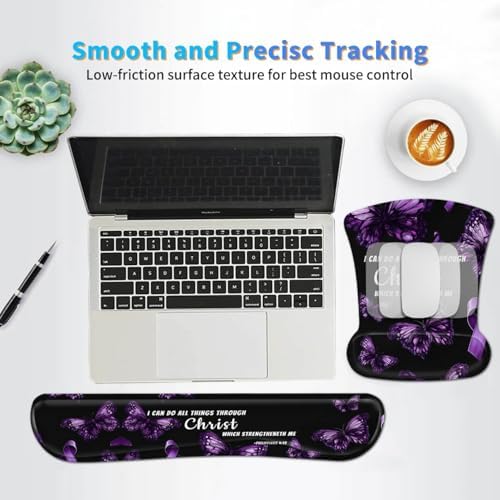 3-in-1 Ergonomic Mouse Pad with Wrist Support, Memory Foam Keyboard Wrist Rest Pad Set & Coaster, Non-Slip Base Desk Mat with Purple Butterfly Bible Verse for Office Home Computer & Laptop - Image 6