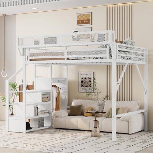 KEIKI Queen Size Metal Loft Bed Frame with Convertible Staircase, Built-in Storage Shelves and Wardrobe, Loft Bed with Solid Slats, Guardrail, No Box Spring Required, Easy Assembly, for Bedroom, White - Image 4